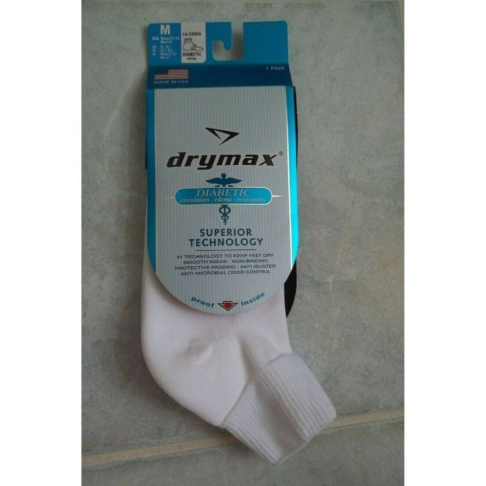 Socks Diabetic Drymax 1/4 Crew White Medium NIP